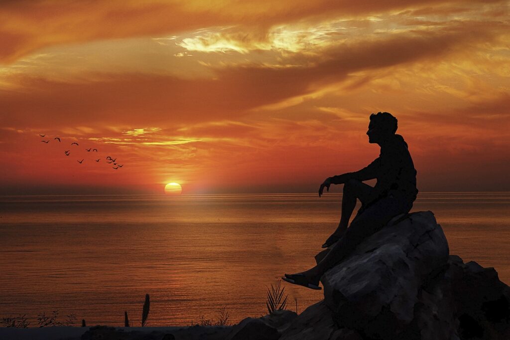 manipulation, sunset, sunrise, boy, thinking, rock, silhouette, birds, brown thinking, brown sunrise, brown rock, nature, brown think